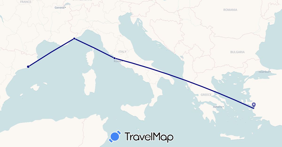 TravelMap itinerary: driving in Spain, France, Italy, Turkey (Asia, Europe)